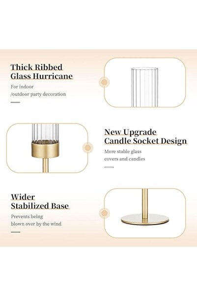 Yelajoy Glass Hurricane Candleholder Set of 3 - Gold Ribbed Glass Candlesticks