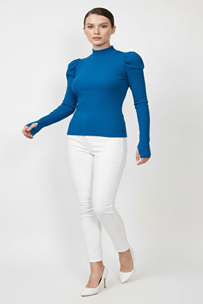 evolise Turtleneck Finger-Looped Ribbed Knit Princess Sleeve Blouse - Cobalt Blue