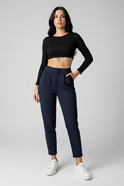 buğrahayalin Women's High Waist Double Button Carrot Model Ankle Length Crepe Trousers – Navy Blue