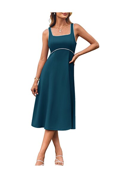 DRESS4EVENT Women's Casual Midi Cocktail A-Line Sleeveless Summer Dress High Waist Strap Green M