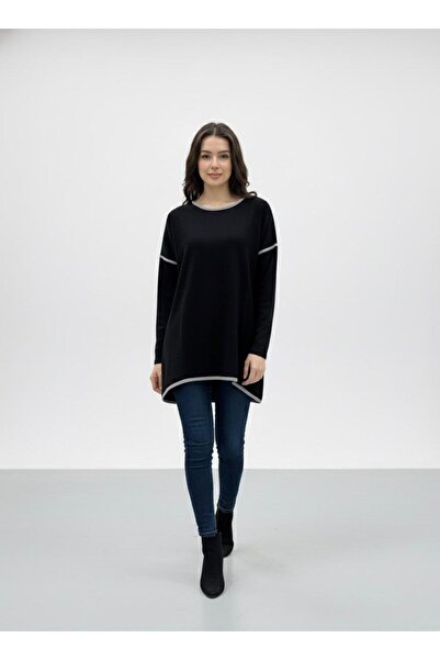 Cockatoo Women's Beige Brown Piped Asymmetrical Cut Soft Textured Crew Neck Knitted Tunic & Blouse