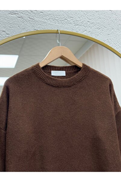MİHRA STORE Finlayah Kol Ucu Ve Altı Corded Fabric Düz Oversized Knitwear Sweater-Kr5049 Coffee