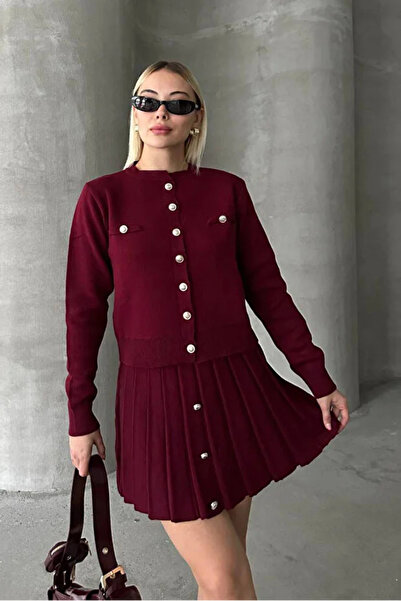 buğrahayalin Жіночий трикотажний міні-спідниця та кардиган – бордовий