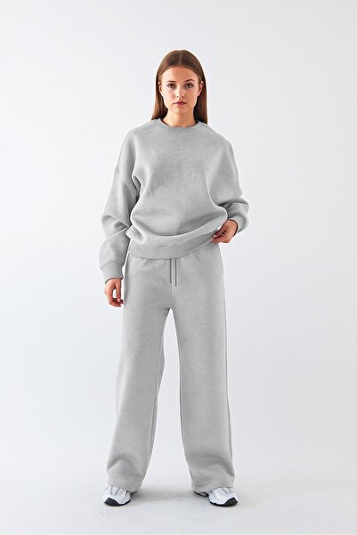The Champ Clothing Unisex Oversized Tracksuit Set Basic Gray Melange – Crew Neck, Wide Legs, 3 Thread Fleece-Lined Fleece
