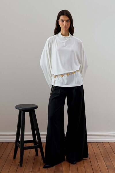Ceylan Otantik White Jersey Blouse & Black Pleated Detail Palazzo Pants