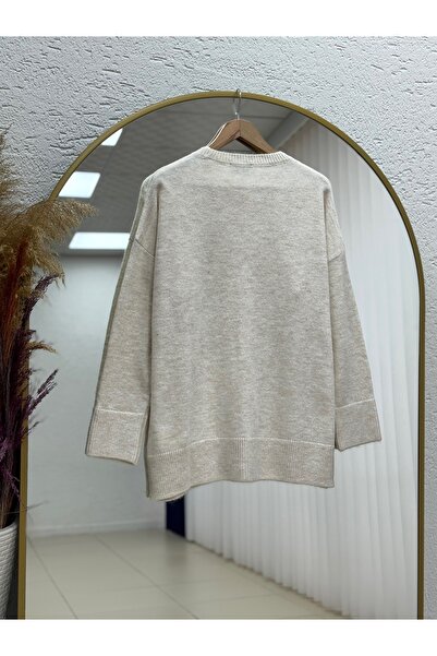 MİHRA STORE Finlayah Kol Ucu Ve Altı Corded Fabric Düz Oversized Knitwear Sweater-Kr5049 Stone