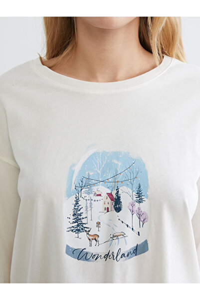 LC Waikiki Dream Ecru Crew Neck Christmas Themed Women's Pajama Set