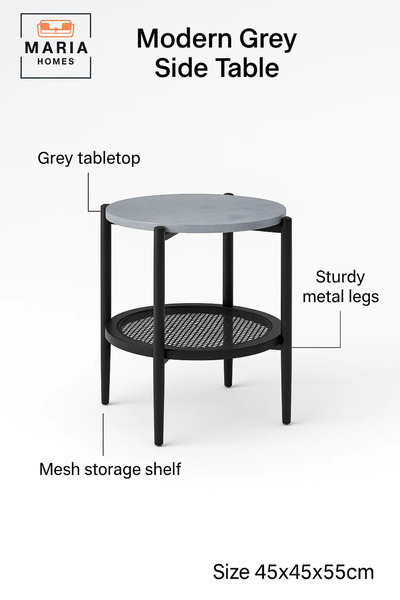 MARIA HOMES Modern Grey Side Table – Round Coffee Table with Storage Shelf 45×45×55 cm