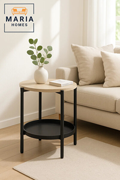MARIA HOMES طاولة جانبية خشبية حديثة فاتحة اللون – طاولة قهوة دائرية مع رف تخزين أسود 40×40×55 سم