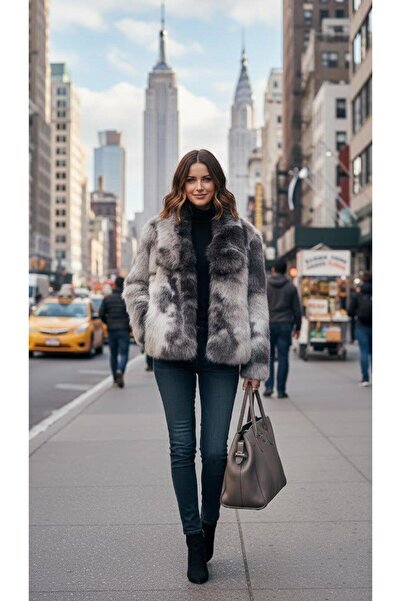 Afri Palton gri pentru femei cu aspect de blană – Palton cald și păros de iarnă, îmbrăcăminte exterioară elegantă și casual - căptușit