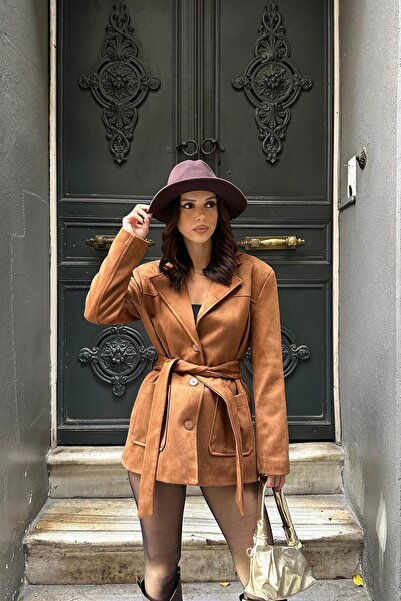 My Loore Women's Tan Suede Belted Blazer Jacket Mlb104