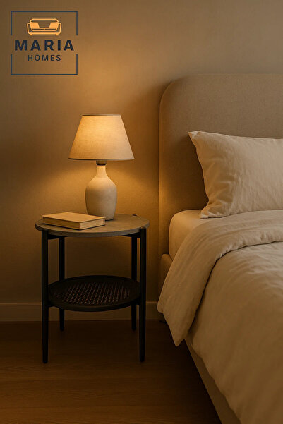 MARIA HOMES Modern Grey Side Table – Round Coffee Table with Storage Shelf 45×45×55 cm