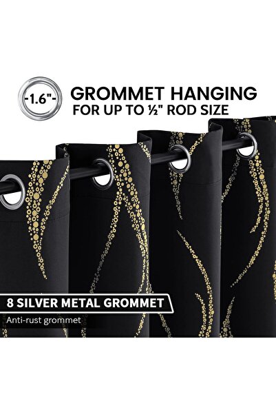 Yakamok Blackout Curtains - Wave Line Gold Dots, 2 Panels (52 x 84 in), Black