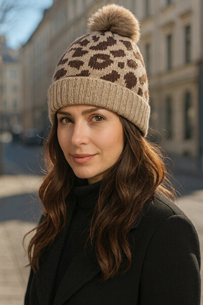 REMSA Women's Leopard Pattern Fur Lined Beret Rkş-1145 Leopard