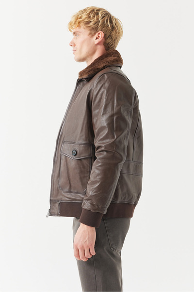 PAULMARK Men's Regular Collar Detailed Leather Coat