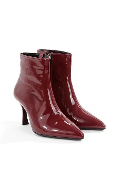 Y ESMA '' Tutku'' Burgundy Patent Leather Pointed Toe 9 cm Thin Heel Zippered Ankle Boots New Season