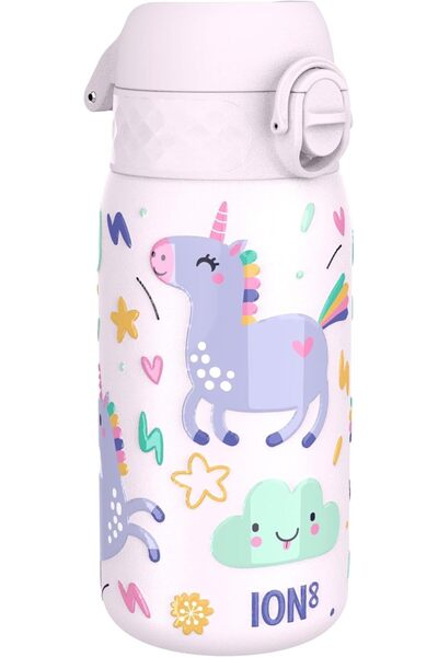 Ion8 Lightweight Steel Kids Water Bottle, 400ml, Non-Insulated, Leak Proof, Pink Unicorns