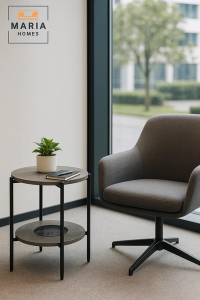 MARIA HOMES Modern Grey Side Table – Round Coffee Table with Lower Storage Shelf 40×40×55 cm