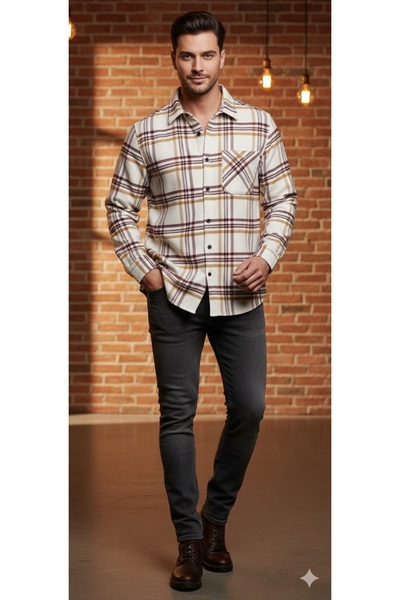 YNGMENCLASS Single Pocket Detail Carded Textured Cashmere Cotton Collar Buttoned Winter Woodcutter Shirt