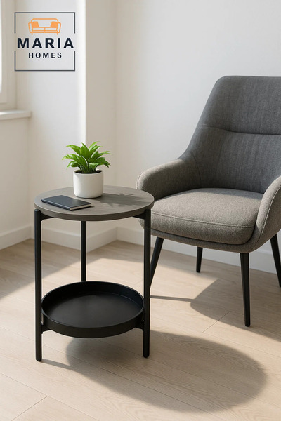 MARIA HOMES Modern Dark Grey Side Table – Round Coffee Table with Black Storage Shelf 40×40×55 cm