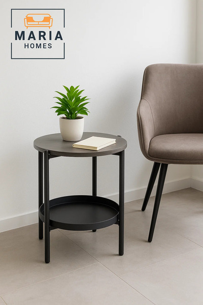 MARIA HOMES Modern Dark Grey Side Table – Round Coffee Table with Black Storage Shelf 40×40×55 cm