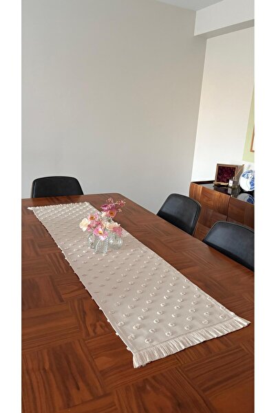 homease Runner decorativ texturat cu pompon, bej |   40x140 |   Runner din poliester rezistent la pete cu franjuri