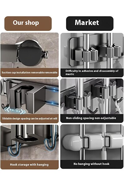 AZONEE Mop and Broom Holder Wall Mount - No-Drill Suction Cup, 3 Slots 4 Hooks