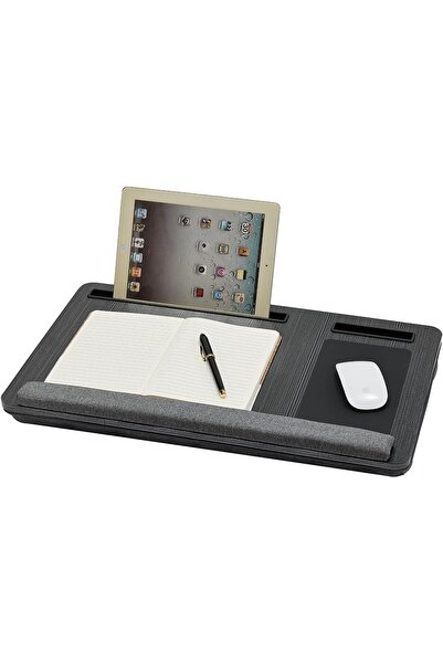 Lawazim Laptop Folding Table with Mouse Pad - Black - Lap Desk with Pillow Cushion, Device Slots, Wr