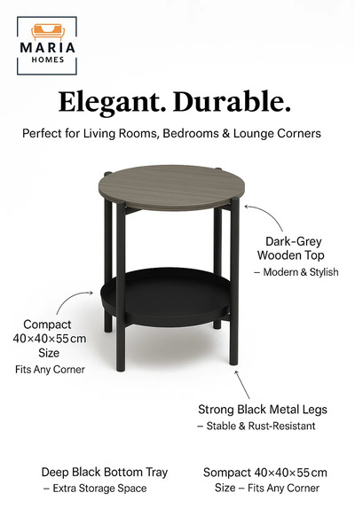 MARIA HOMES Modern Dark Grey Side Table – Round Coffee Table with Black Storage Shelf 40×40×55 cm