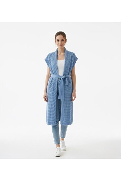 Cockatoo Women's Navy Blue Long Waffle Knit Vest with Pockets Openwork Detailed Sleeveless Knitwear Cardigan Transitional Cardigan