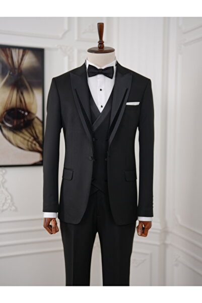 LONATOLİA İtalyan Stil Slim Fit Sivri Yaka Ceket Yelek Pantolon Papyon Damatlık Smokin - Siyah LNTCOM8422