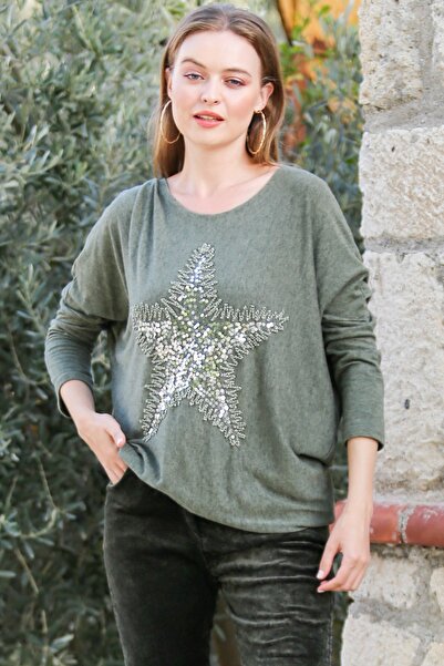della moor Women's Khaki Italian Star Patterned O Oversized Knitwear Sweater