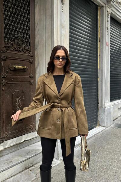 My Loore Jachetă blazer cu centură din piele de căprioară kaki pentru femei M...