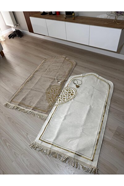 OBRNHOMEN Lined Chenille Heart Prayer Rug Wedding Dowry Couple's Prayer Rug Luxury Design Prayer Beads Gift