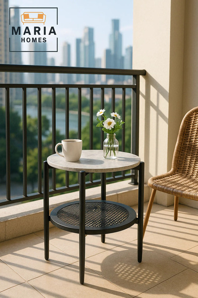 MARIA HOMES Modern Grey Side Table – Round Coffee Table with Storage Shelf 45×45×55 cm