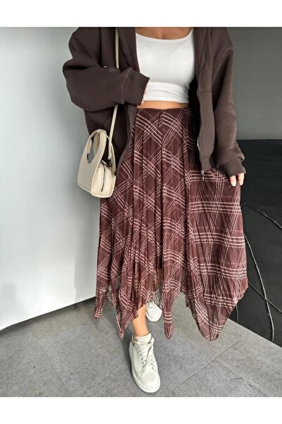 YILMAZ Kahverengi geometrik desen asimetrik etek