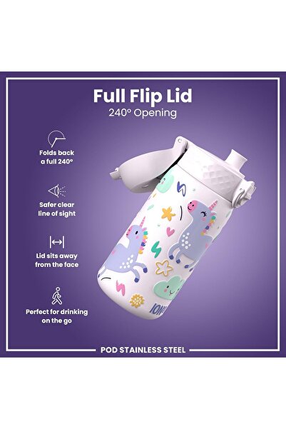 Ion8 Lightweight Steel Kids Water Bottle, 400ml, Non-Insulated, Leak Proof, Pink Unicorns
