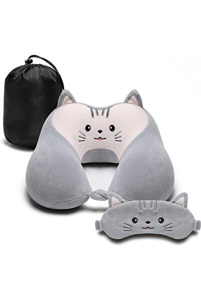 ELECDON Travel Pillow for Kids and Adults - Cute Animal Memory Foam Neck Pillow with Eye Mask (Kitten)