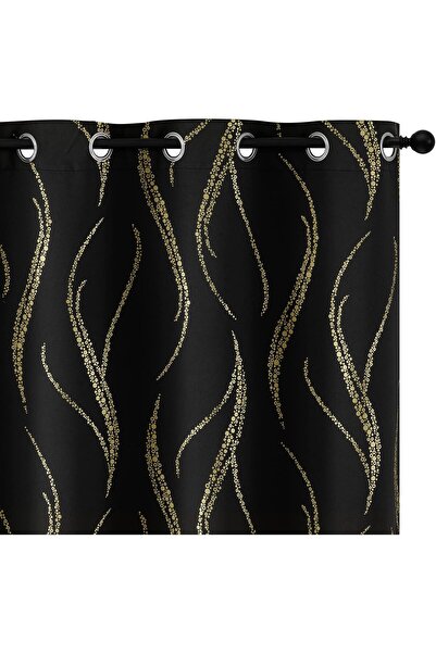 Yakamok Blackout Curtains - Wave Line Gold Dots, 2 Panels (52 x 84 in), Black