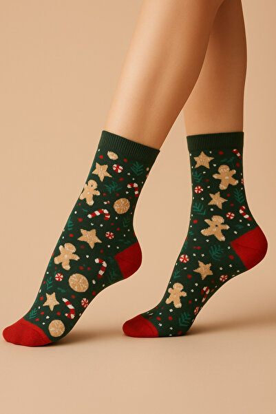 uğurlu dükkan Dark green christmas figured concept socks 36-44