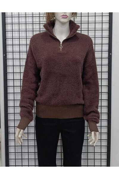 Butik Şans Jm Ecru Zippered Collar Elastic Waist Bearded Knitwear Sweater