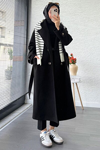 MELEK ARAZ Premium Oversize Dört Düğmeli Kaşe Kaban – Siyah