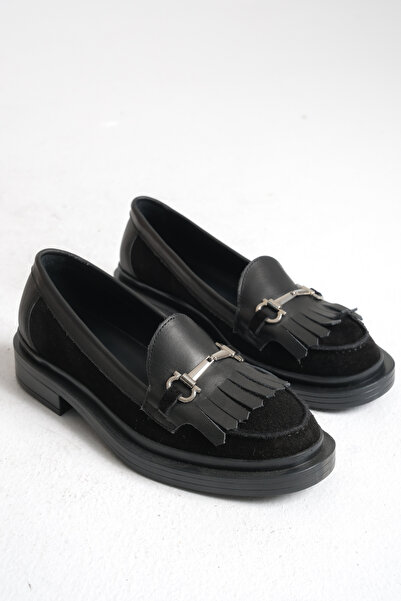 Ayakkabı Delisiyim Справжня шкіра Чорні жіночі лофери Оксфордські туфлі З пряжкою З бахромою Нековзна підошва Сієна
