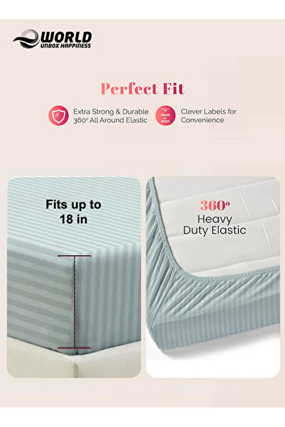 Eworld King Size Striped Microfiber Fitted Bedsheet, Deep Pocket, Breathable & Washable