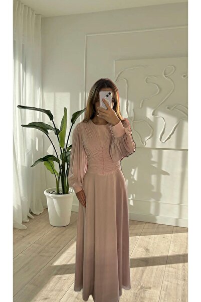 Büşrayla Moda Balon Kol Drapeli Tesettür Abiye