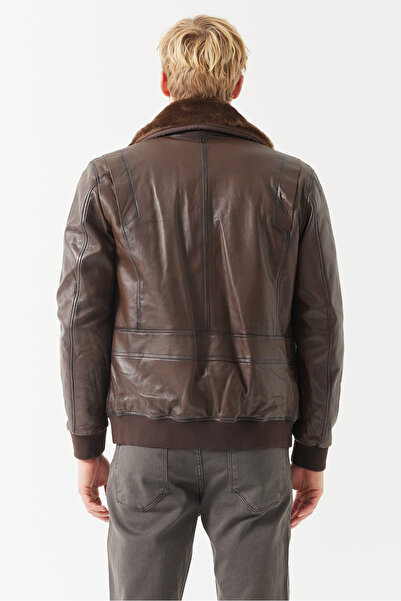 PAULMARK Men's Regular Collar Detailed Leather Coat