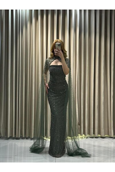 Kaleiçi Yıldızlar Haki Pelerinli Yeni Sezon Abiye5677