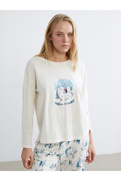 LC Waikiki Dream Ecru Crew Neck Christmas Themed Women's Pajama Set