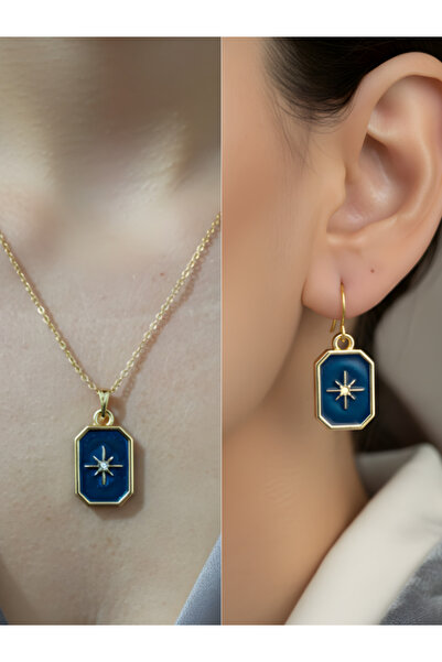 TURBİJ Navy Blue Star Detail Women's Necklace Earring Set