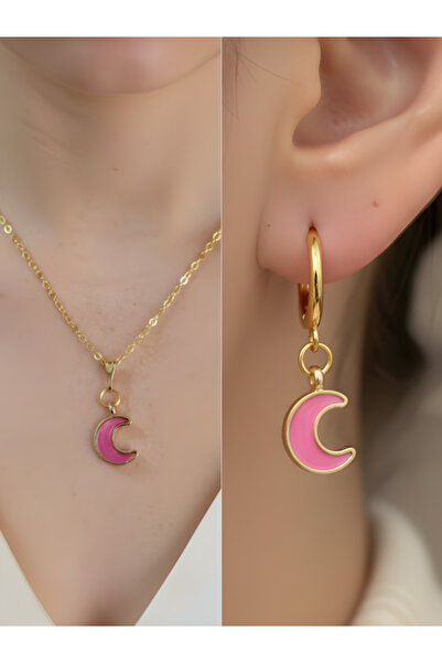 TURBİJ Pink Crescent Detail Women's Necklace Earring Set